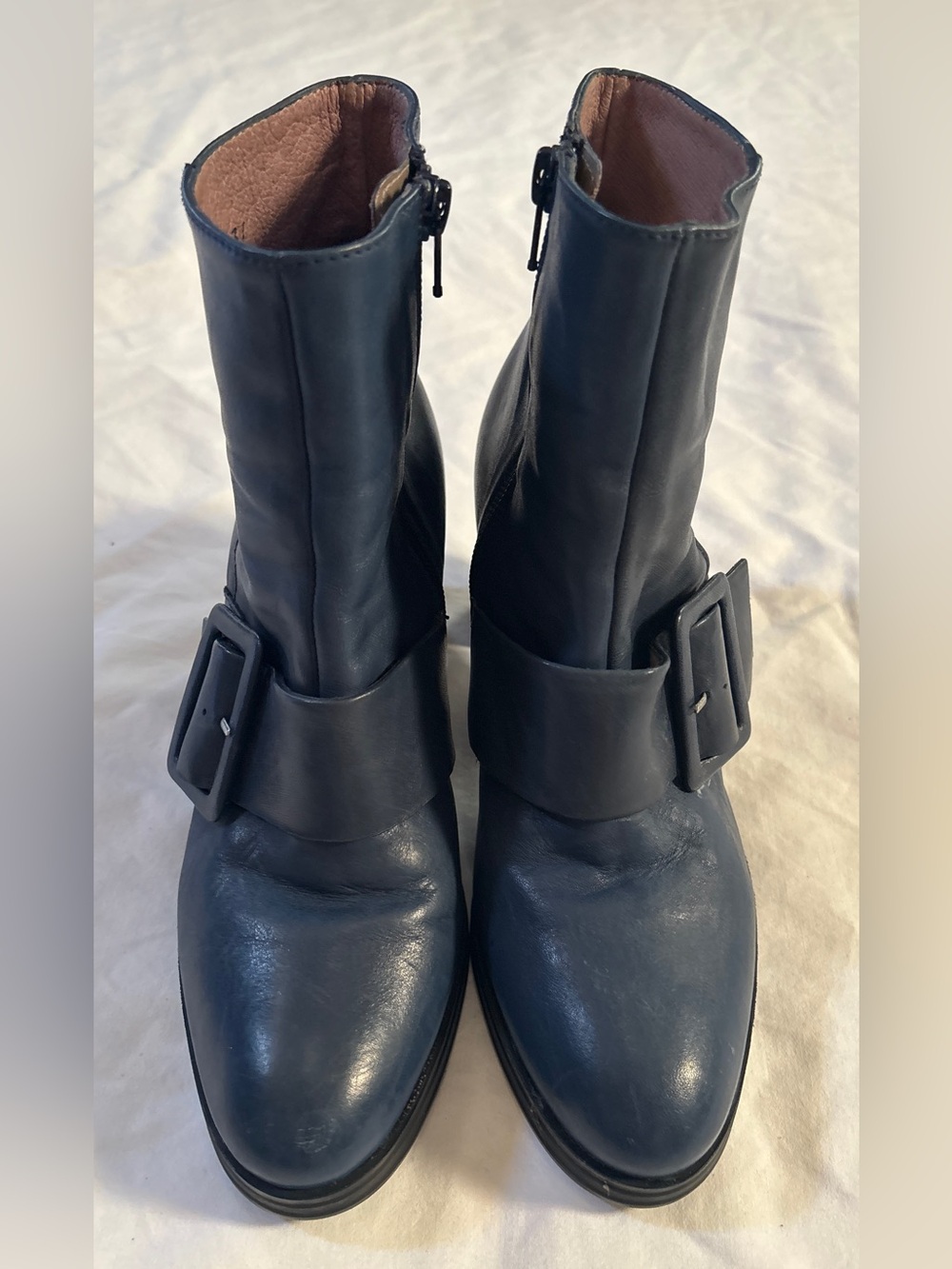 Wonders Women’s 37 Navy Blue Leather Buckle Block Heel Ankle Boots Made in Spain